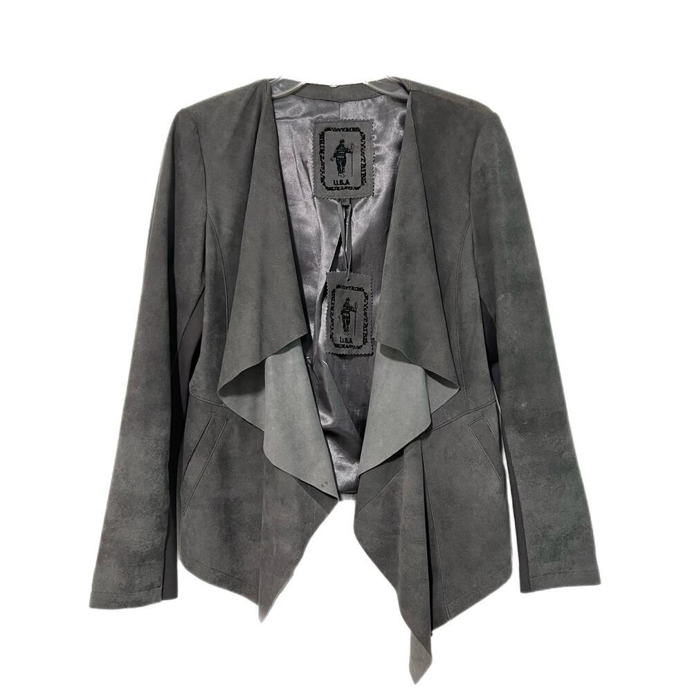 NEW My Tribe Jacket Womens M Gray Open Front Waterfall Genuine Leather Western